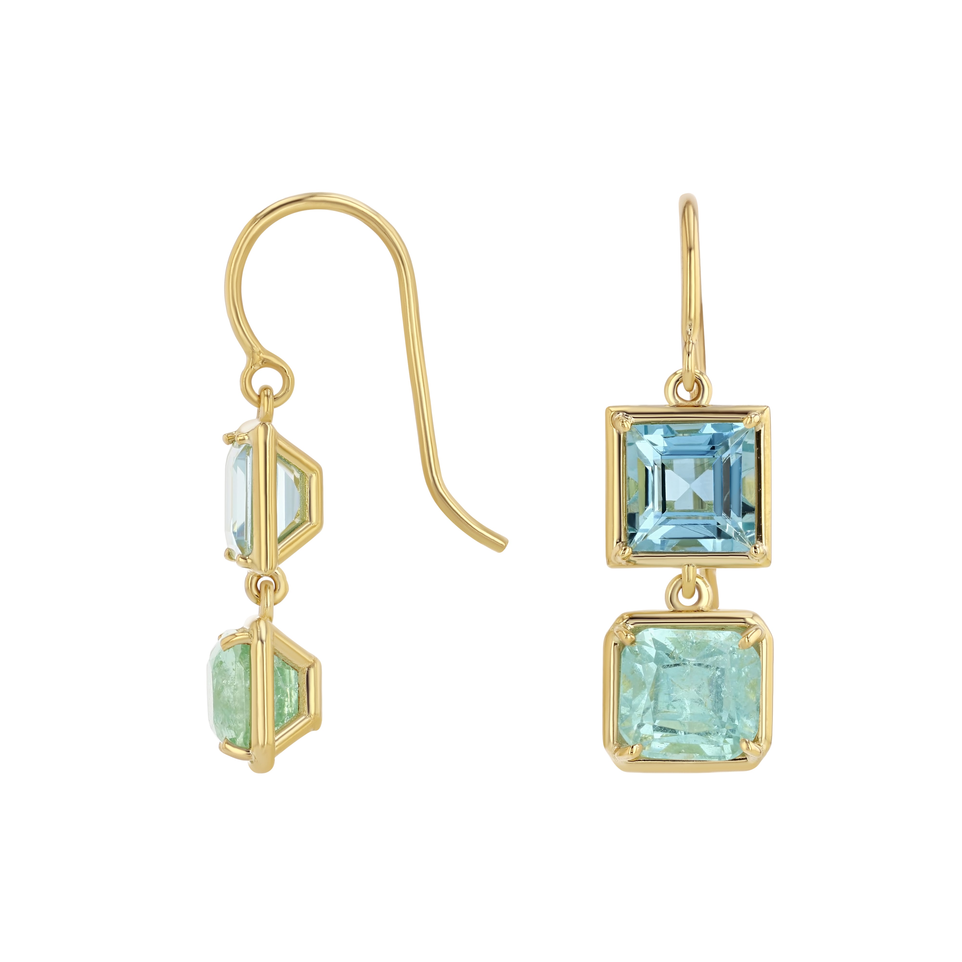 Gold earrings with green and blue gemstones on a white background